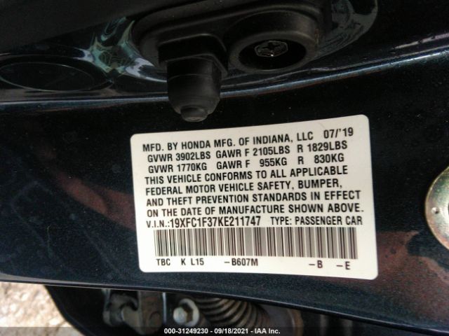 Photo 8 VIN: 19XFC1F37KE211747 - HONDA CIVIC SEDAN 