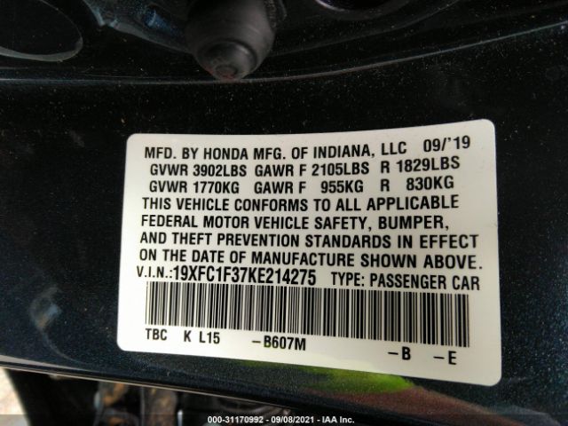 Photo 8 VIN: 19XFC1F37KE214275 - HONDA CIVIC SEDAN 