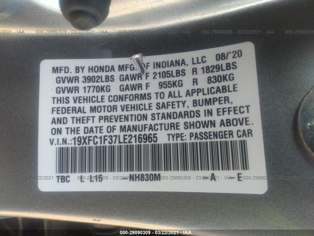 Photo 8 VIN: 19XFC1F37LE216965 - HONDA CIVIC SEDAN 