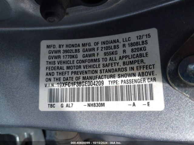 Photo 8 VIN: 19XFC1F38GE004209 - HONDA CIVIC 