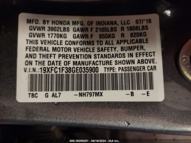 Photo 8 VIN: 19XFC1F38GE035900 - HONDA CIVIC 