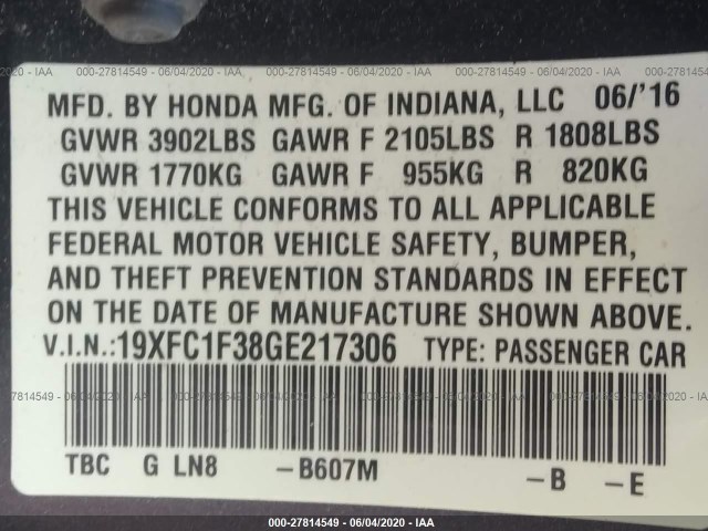 Photo 8 VIN: 19XFC1F38GE217306 - HONDA CIVIC SEDAN 