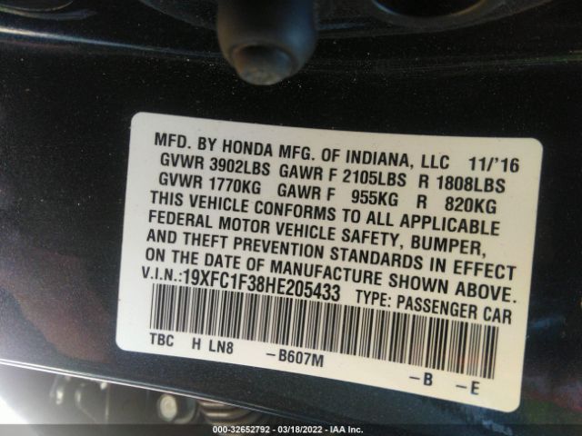 Photo 8 VIN: 19XFC1F38HE205433 - HONDA CIVIC SEDAN 