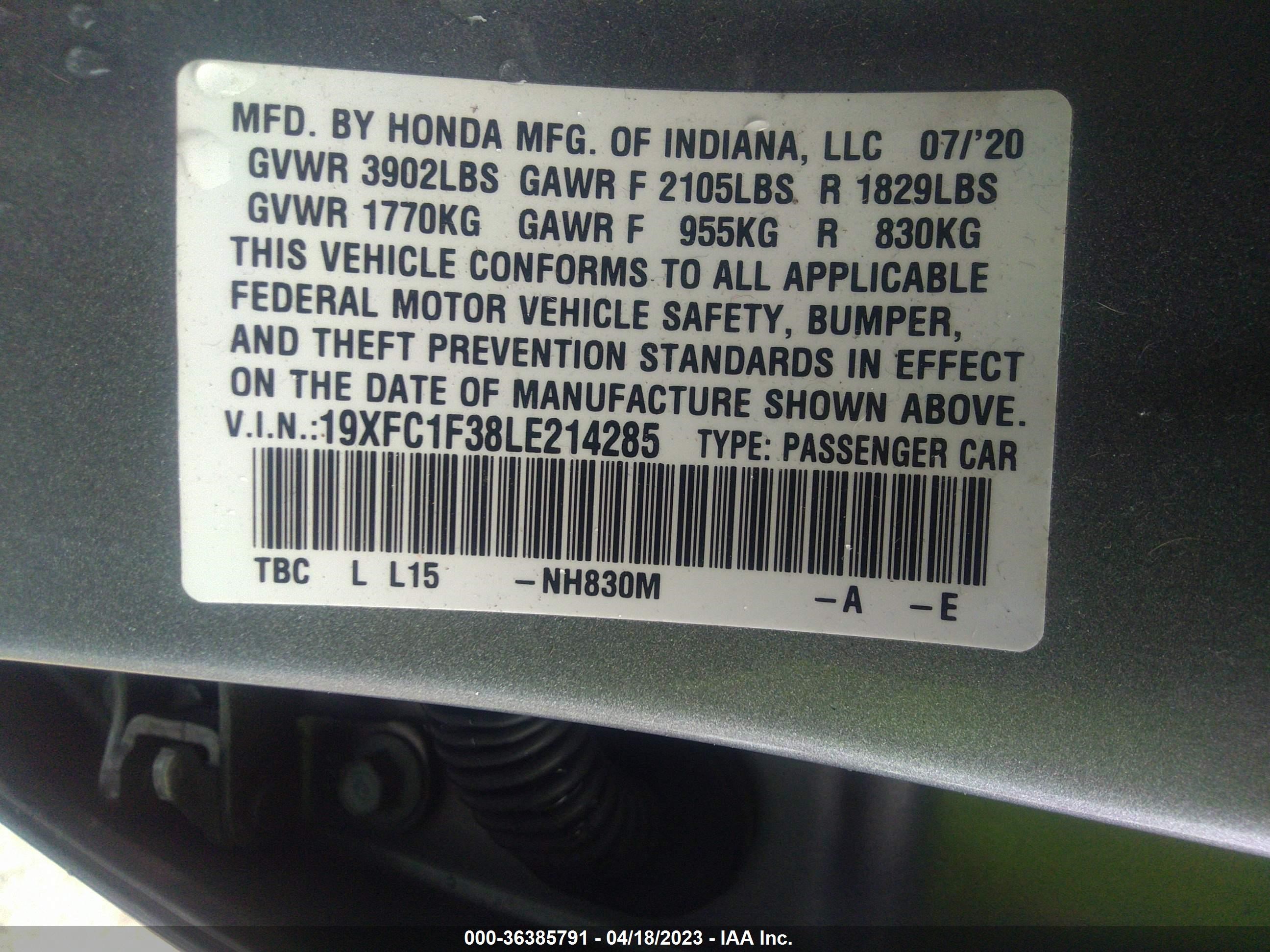 Photo 8 VIN: 19XFC1F38LE214285 - HONDA CIVIC 