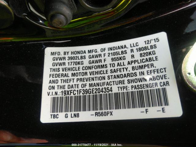 Photo 8 VIN: 19XFC1F39GE204354 - HONDA CIVIC SEDAN 