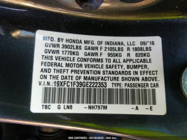 Photo 8 VIN: 19XFC1F39GE222353 - HONDA CIVIC SEDAN 