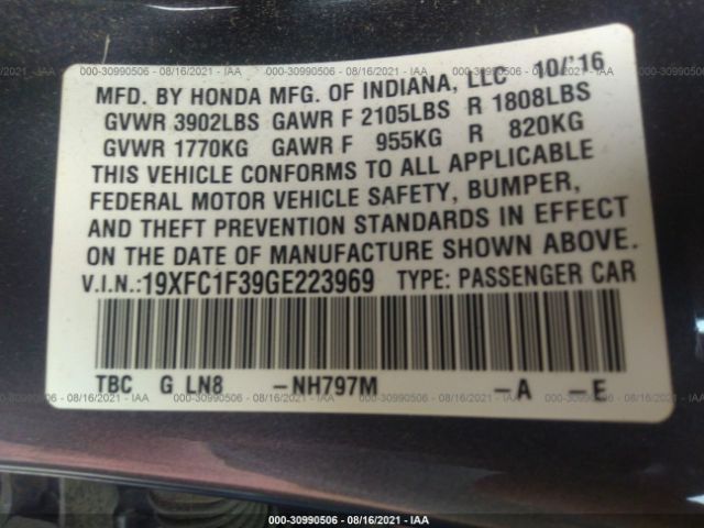 Photo 8 VIN: 19XFC1F39GE223969 - HONDA CIVIC SEDAN 