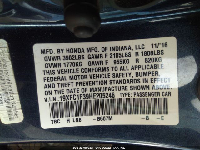 Photo 8 VIN: 19XFC1F39HE205246 - HONDA CIVIC SEDAN 