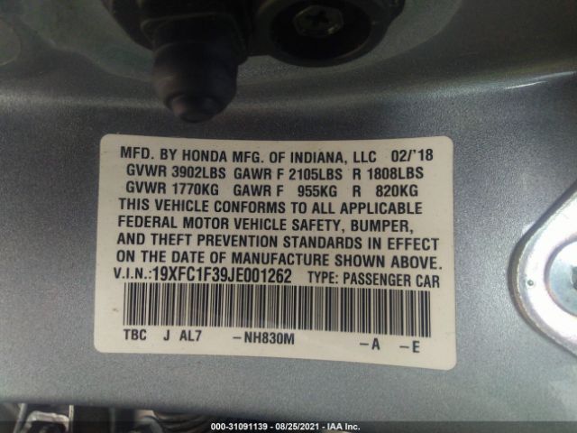 Photo 8 VIN: 19XFC1F39JE001262 - HONDA CIVIC SEDAN 