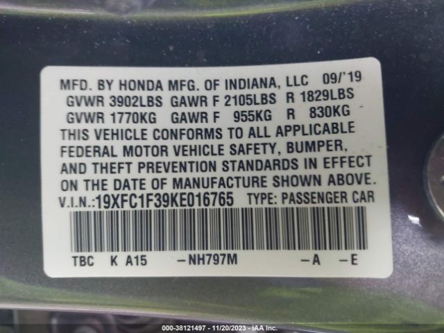 Photo 8 VIN: 19XFC1F39KE016765 - HONDA CIVIC 