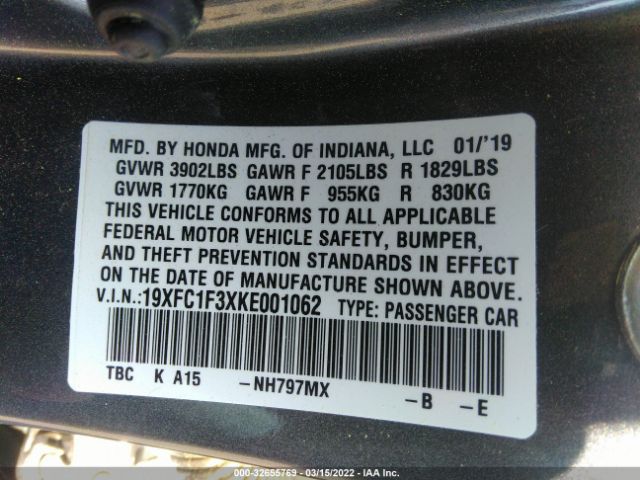 Photo 8 VIN: 19XFC1F3XKE001062 - HONDA CIVIC SEDAN 