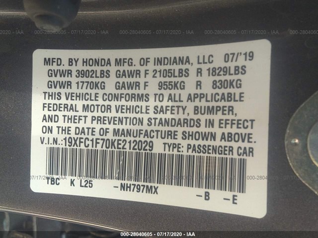 Photo 8 VIN: 19XFC1F70KE212029 - HONDA CIVIC SEDAN 