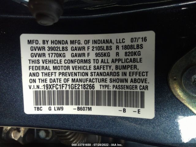 Photo 8 VIN: 19XFC1F71GE218266 - HONDA CIVIC SEDAN 