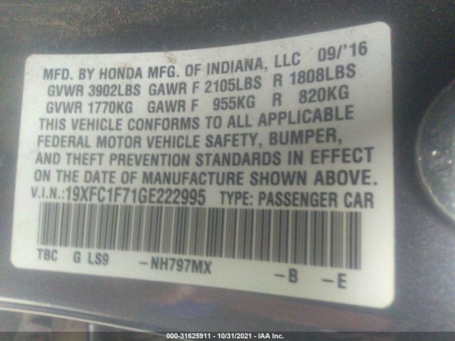 Photo 8 VIN: 19XFC1F71GE222995 - HONDA CIVIC SEDAN 