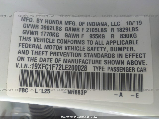 Photo 8 VIN: 19XFC1F72LE200028 - HONDA CIVIC SEDAN 