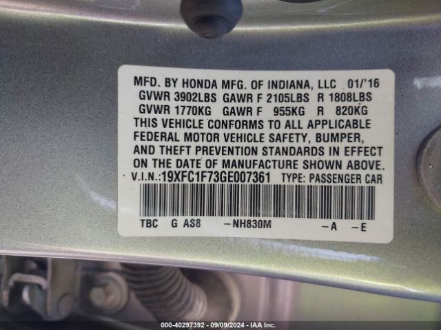 Photo 8 VIN: 19XFC1F73GE007361 - HONDA CIVIC 