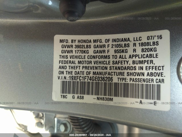 Photo 8 VIN: 19XFC1F74GE036206 - HONDA CIVIC SEDAN 