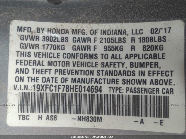 Photo 8 VIN: 19XFC1F78HE014694 - HONDA CIVIC SEDAN 