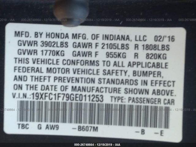 Photo 8 VIN: 19XFC1F79GE011253 - HONDA CIVIC SEDAN 