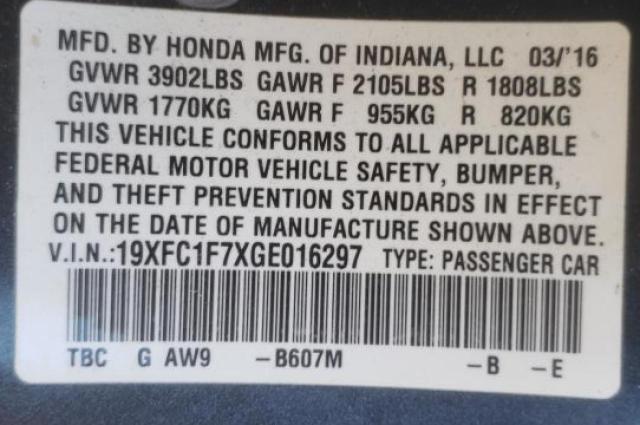 Photo 9 VIN: 19XFC1F7XGE016297 - HONDA CIVIC EXL 