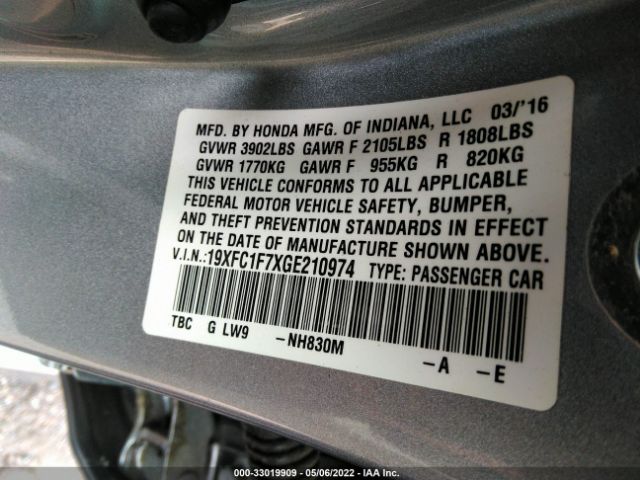 Photo 8 VIN: 19XFC1F7XGE210974 - HONDA CIVIC SEDAN 