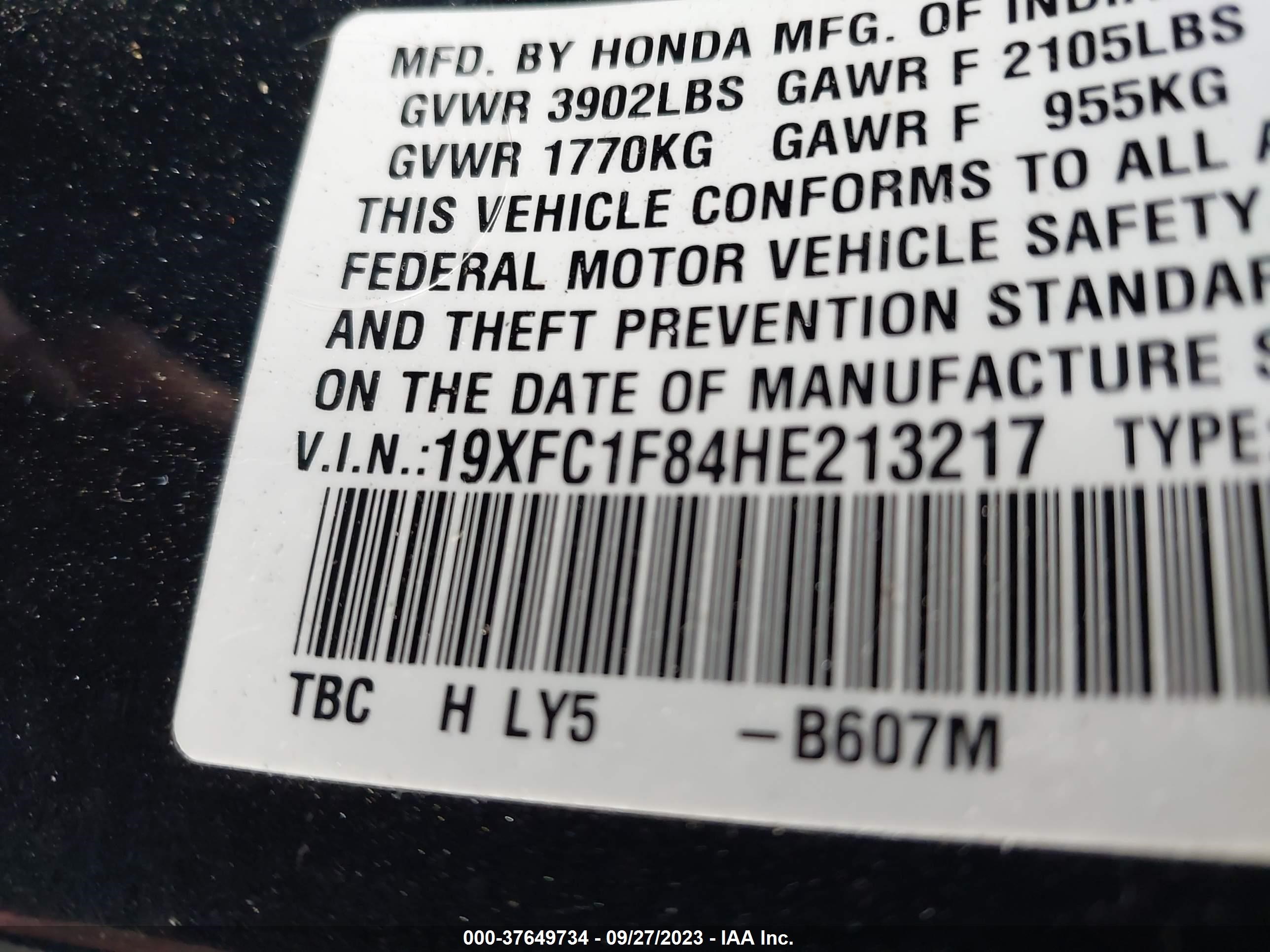 Photo 8 VIN: 19XFC1F84HE213217 - HONDA CIVIC 