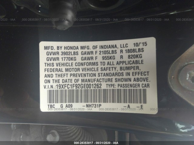 Photo 8 VIN: 19XFC1F92GE001262 - HONDA CIVIC SEDAN 