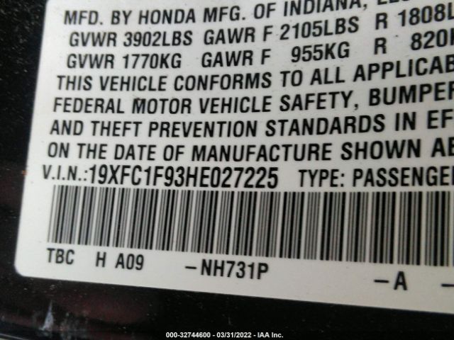 Photo 8 VIN: 19XFC1F93HE027225 - HONDA CIVIC SEDAN 