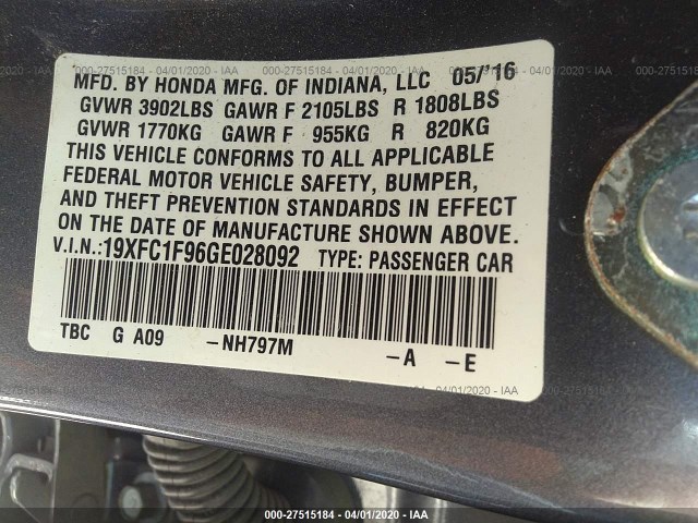 Photo 8 VIN: 19XFC1F96GE028092 - HONDA CIVIC SEDAN 