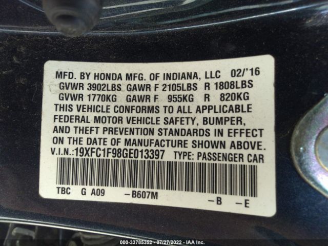 Photo 8 VIN: 19XFC1F98GE013397 - HONDA CIVIC SEDAN 