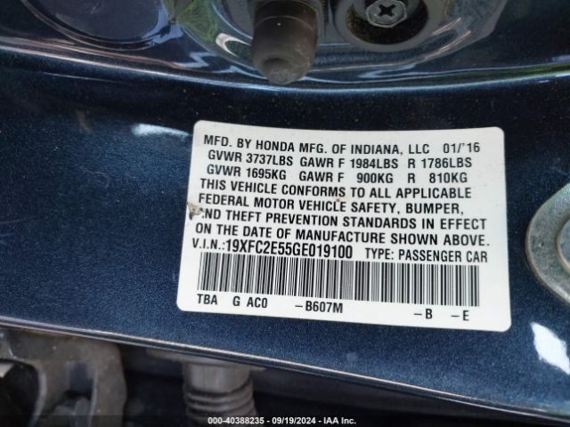 Photo 8 VIN: 19XFC2E55GE019100 - HONDA CIVIC 