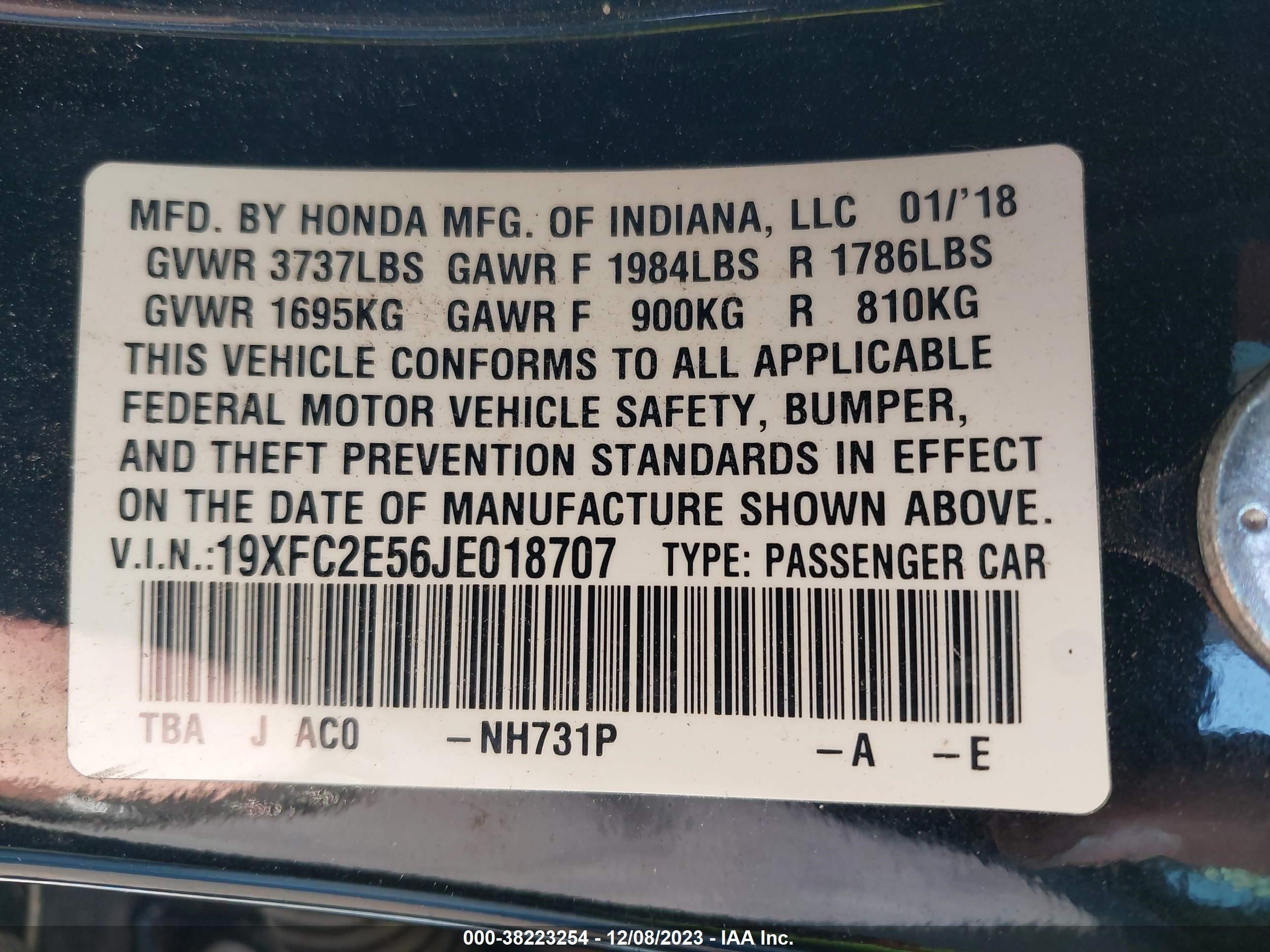 Photo 8 VIN: 19XFC2E56JE018707 - HONDA CIVIC 