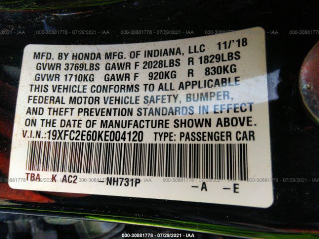 Photo 8 VIN: 19XFC2E60KE004120 - HONDA CIVIC SEDAN 