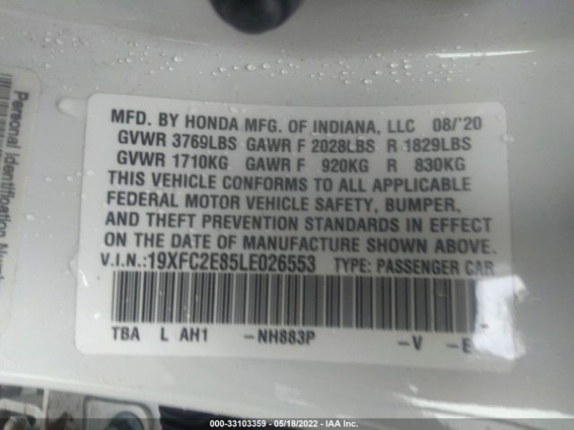 Photo 8 VIN: 19XFC2E85LE026553 - HONDA CIVIC SEDAN 