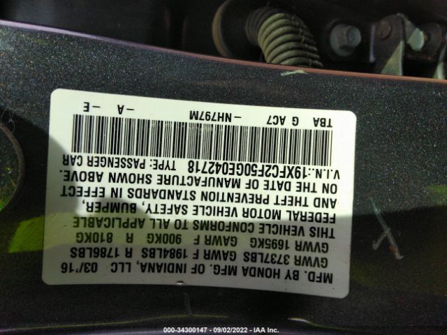 Photo 8 VIN: 19XFC2F50GE042718 - HONDA CIVIC SEDAN 