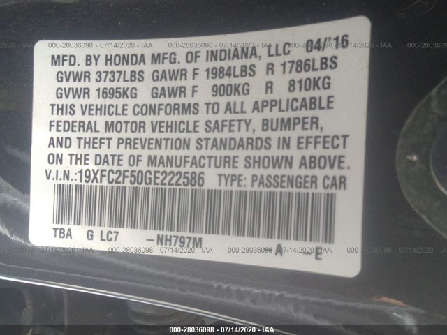 Photo 8 VIN: 19XFC2F50GE222586 - HONDA CIVIC SEDAN 