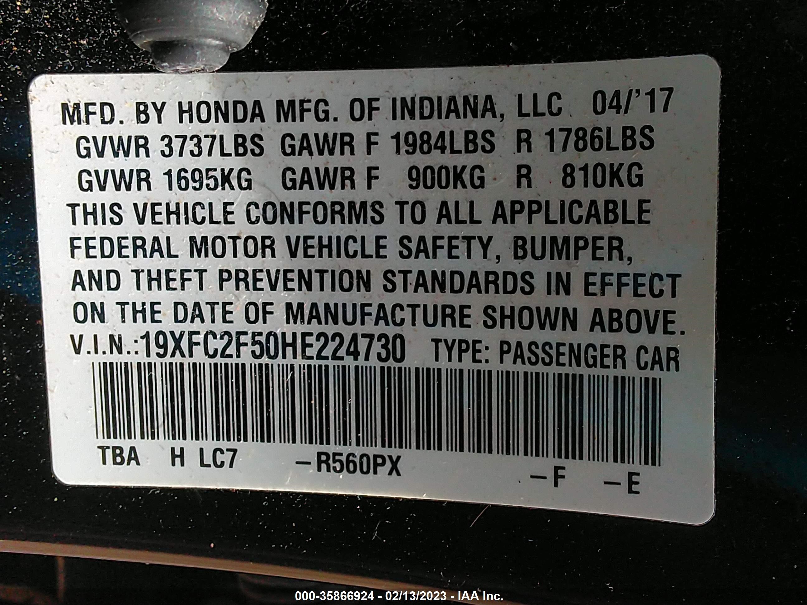 Photo 8 VIN: 19XFC2F50HE224730 - HONDA CIVIC 