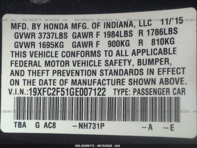 Photo 8 VIN: 19XFC2F51GE007122 - HONDA CIVIC SEDAN 