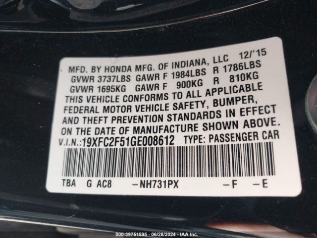 Photo 8 VIN: 19XFC2F51GE008612 - HONDA CIVIC 