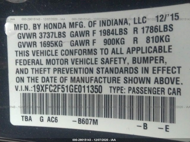 Photo 8 VIN: 19XFC2F51GE011350 - HONDA CIVIC SEDAN 