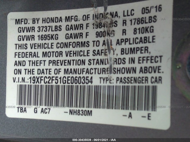 Photo 8 VIN: 19XFC2F51GE060354 - HONDA CIVIC SEDAN 