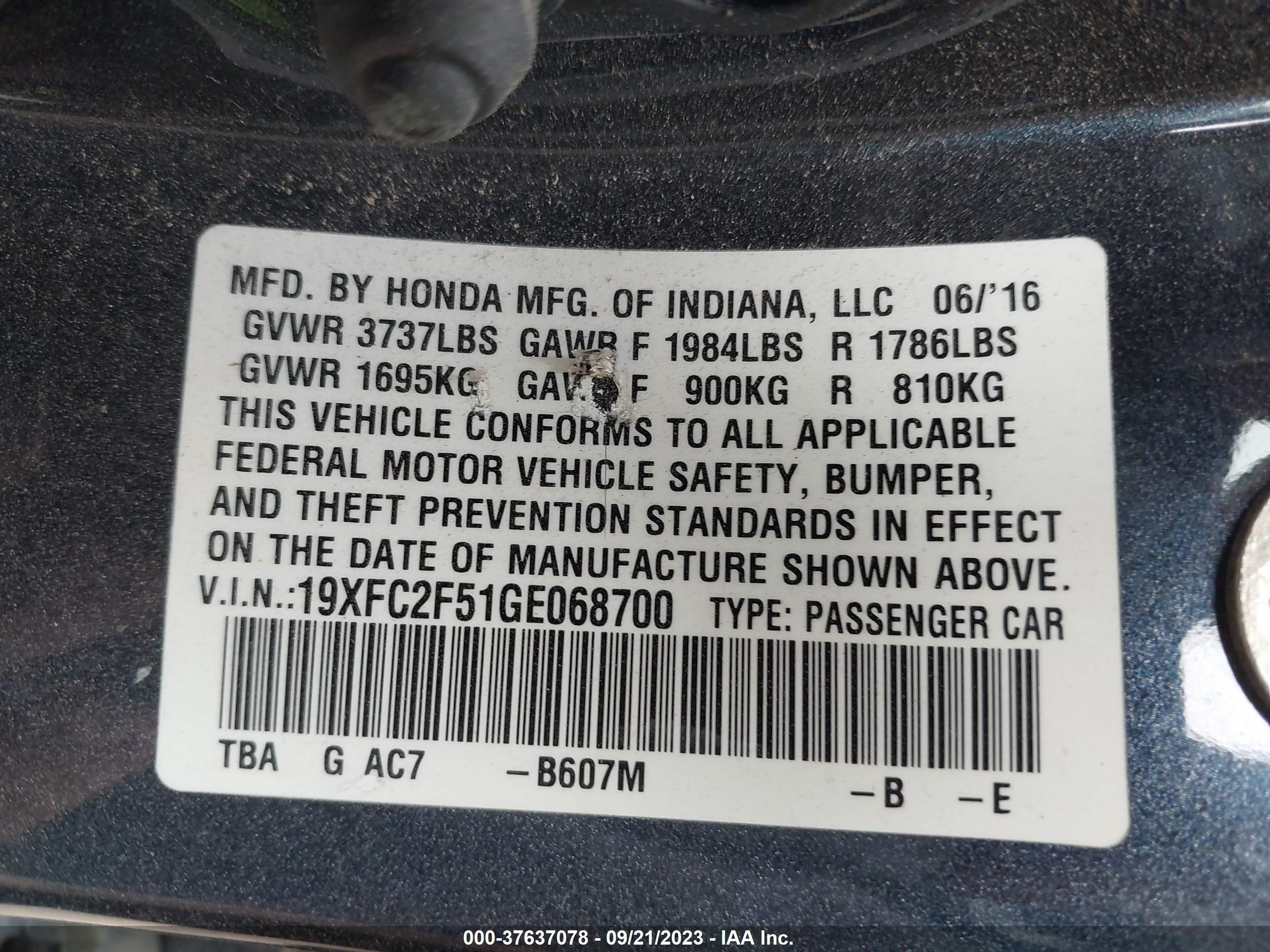 Photo 8 VIN: 19XFC2F51GE068700 - HONDA CIVIC 