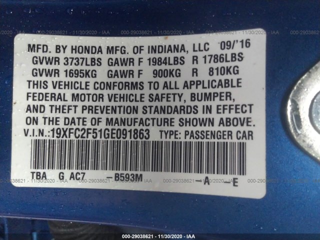 Photo 8 VIN: 19XFC2F51GE091863 - HONDA CIVIC SEDAN 