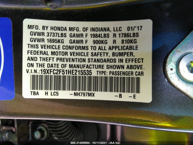 Photo 8 VIN: 19XFC2F51HE215535 - HONDA CIVIC SEDAN 