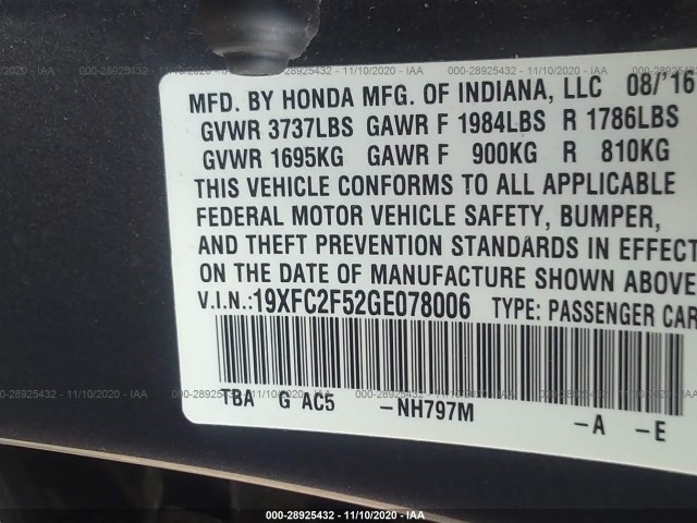 Photo 8 VIN: 19XFC2F52GE078006 - HONDA CIVIC SEDAN 