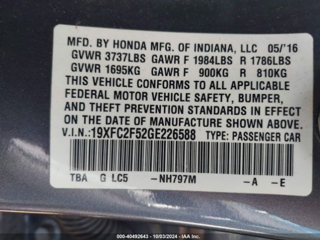 Photo 8 VIN: 19XFC2F52GE226588 - HONDA CIVIC 