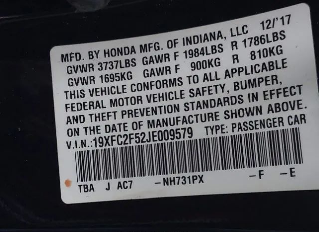 Photo 8 VIN: 19XFC2F52JE009579 - HONDA CIVIC SEDAN 