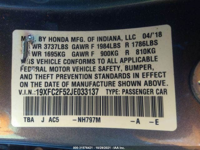 Photo 8 VIN: 19XFC2F52JE033137 - HONDA CIVIC SEDAN 