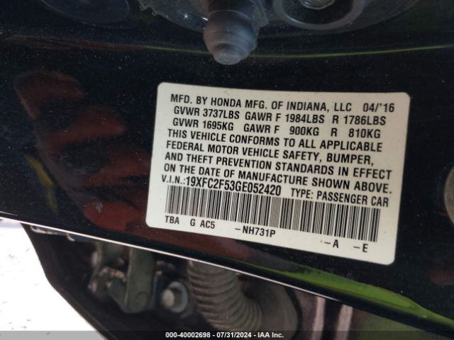 Photo 8 VIN: 19XFC2F53GE052420 - HONDA CIVIC 
