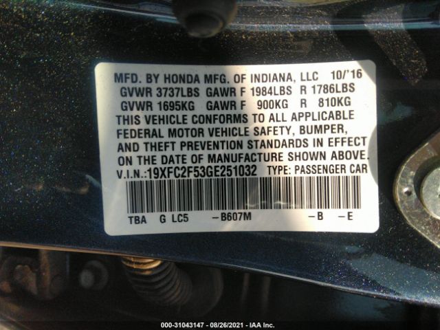 Photo 8 VIN: 19XFC2F53GE251032 - HONDA CIVIC SEDAN 